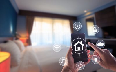 Smartphone remote home control system app. Bed Room interior in background.